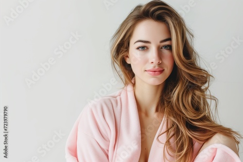 Graceful Young Lady In Blush Bathrobe Against White Backdrop