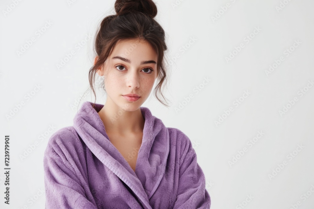 Elegant And Youthful Lady Wearing A Purple Bathrobe On A White Background Elegant And Youthful Lady Wearing A Purple Bathrobe On A White Background
