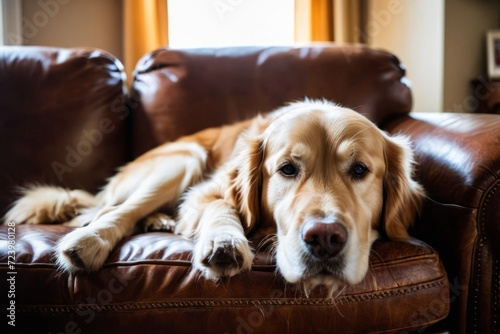 Golden retriever sleeping curled up on brown leather couch next to decorative pillows. photo