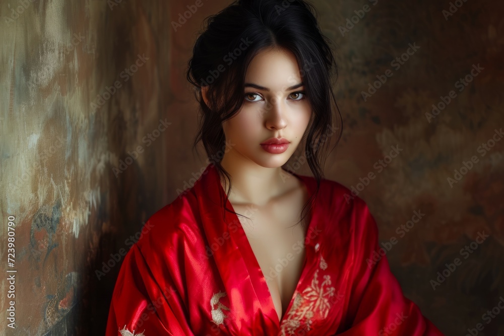 Elegant And Youthful Lady Adorned In A Crimson Silk Robe Elegant And Youthful Lady Adorned In A Crimson Silk Robe