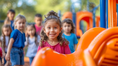 Little girl with curly hair smiling on a playground slide