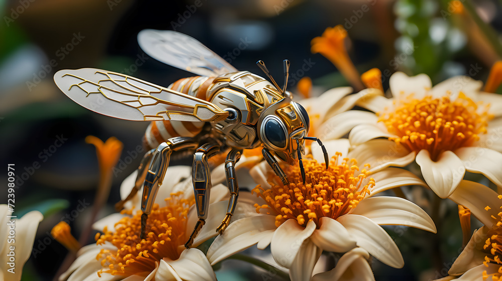 semi-mechanical bee with AI for pollinating flowers (Generative AI)