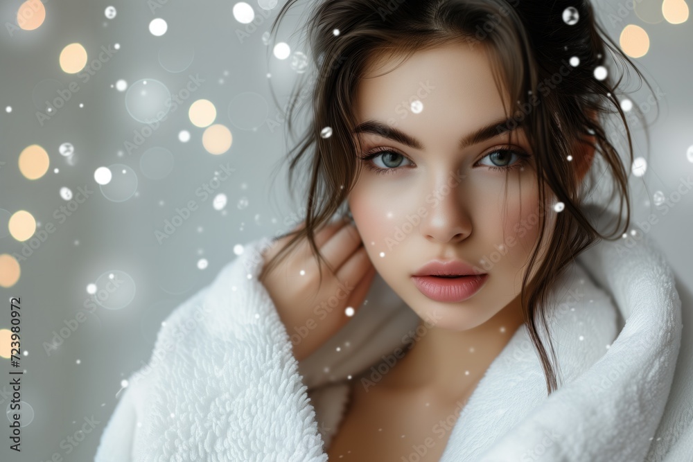 Elegantly Clad Young Lady In White Bathrobe Elegantly Clad Young Lady In White Bathrobe