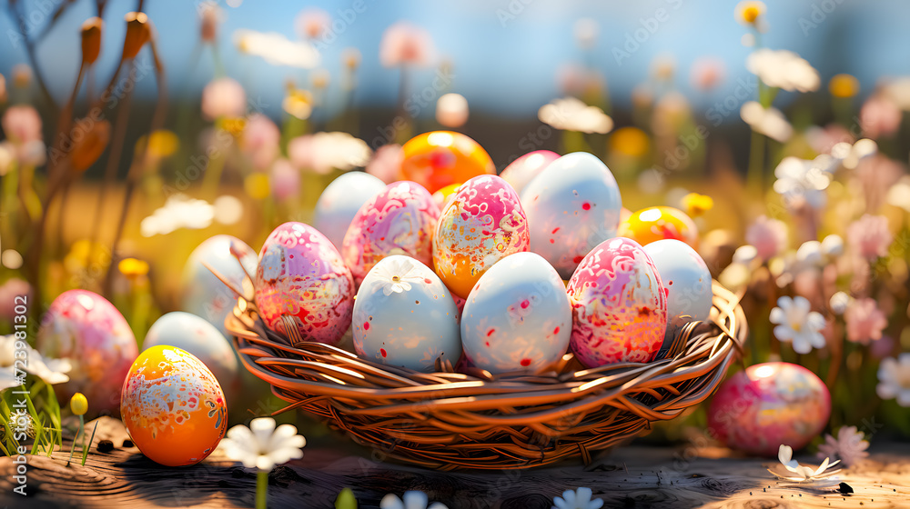 Colorful Easter eggs in a basket on a meadow (Generative AI)