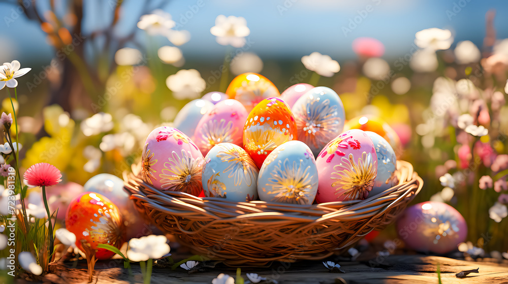 Colorful Easter eggs in a basket on a meadow (Generative AI)