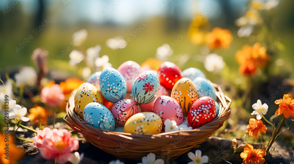 Colorful Easter eggs in a basket on a meadow (Generative AI)