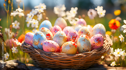 Colorful Easter eggs in a basket on a meadow (Generative AI)