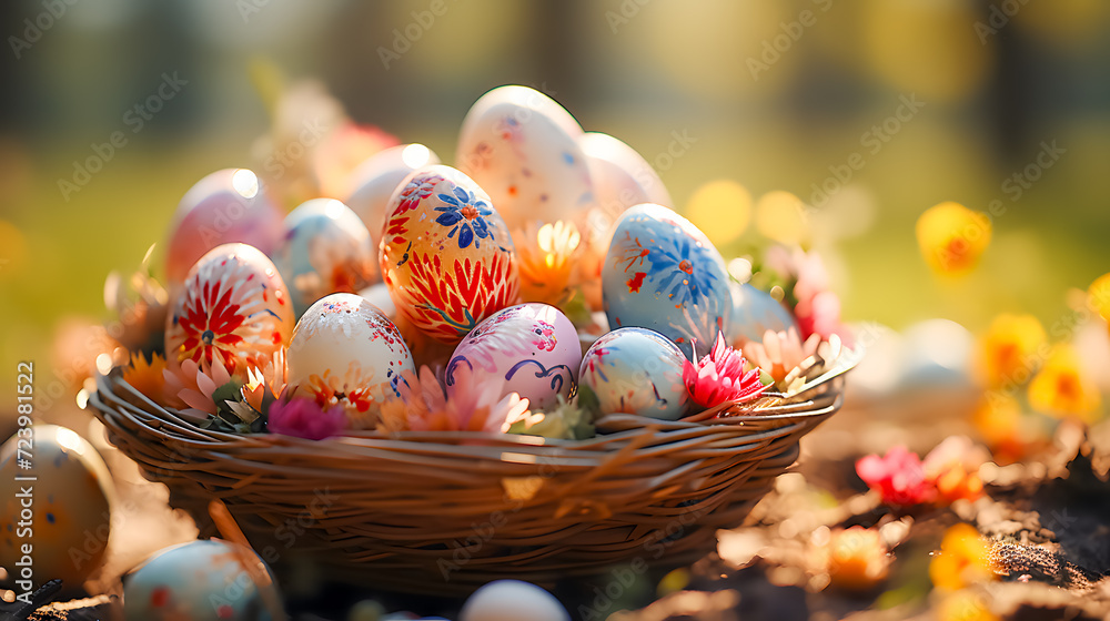 Colorful Easter eggs in a basket on a meadow (Generative AI)