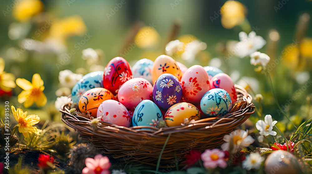 Colorful Easter eggs in a basket on a meadow (Generative AI)