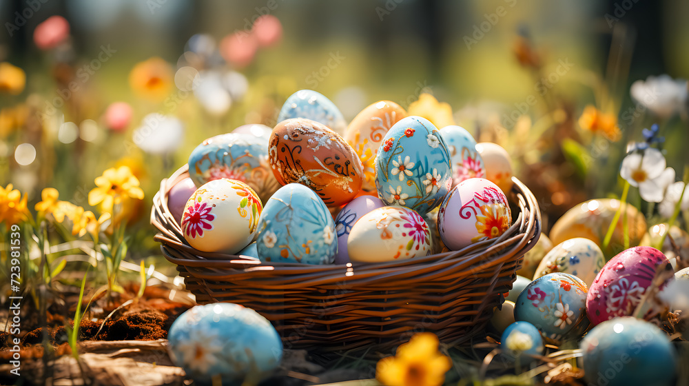 Colorful Easter eggs in a basket on a meadow (Generative AI)