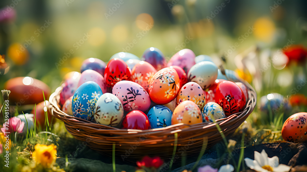 Colorful Easter eggs in a basket on a meadow (Generative AI)
