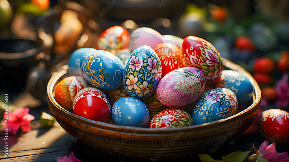 Easter eggs with a unique pattern in a wooden basket (Generative AI)