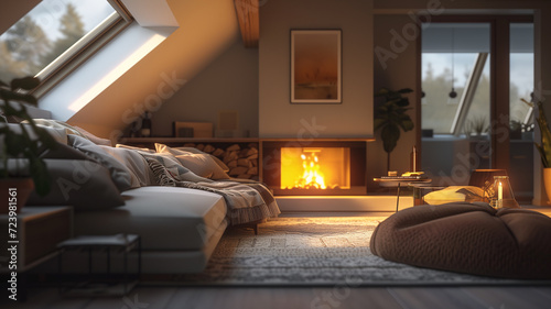 Hygge Haven: Cozy Scandinavian Living Room with Fireplace