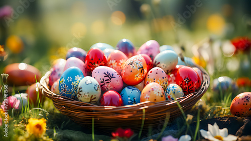 Obraz na płótnie Colorful Easter eggs in a basket on a meadow (Generative AI) w salonie