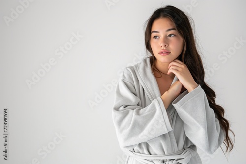 Woman In Grey Bathrobe Fulllength On White Background © Anastasiia