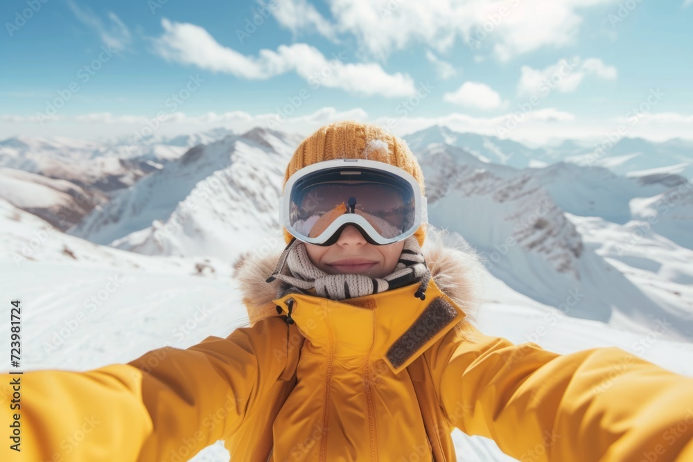 Stunning Symmetrical Winter Selfie: Woman Captures Snowy Mountains In Background With Sunny Skies Stunning Symmetrical Winter Selfie: Woman Captures Snowy Mountains In Background With Sunny Skies