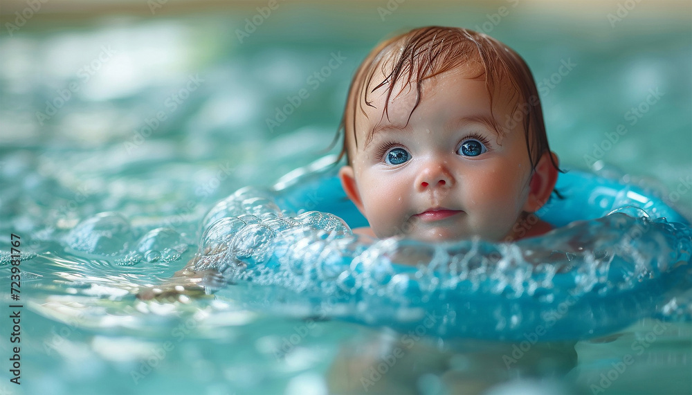 Baby floating wearing a donut. Baby enjoying in the jacuzzi. Spa for babies. Hydrotherapy session for children. Baby swimming. Baby float. Popular activity massage for babies Baby floating wearing a donut. Baby enjoying in the jacuzzi. Spa for babies. Hydrotherapy session for children. Baby swimming. Baby float. Popular activity massage for babies