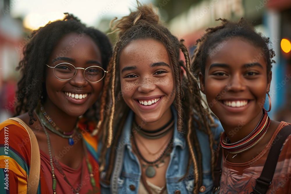 Fototapeta premium Diversity friendship, portrait of happy hipster girlfriends together summer lifestyle hugging outdoors