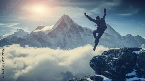 Hiker Celebrating Success by Jumping Off Mountain Generative AI