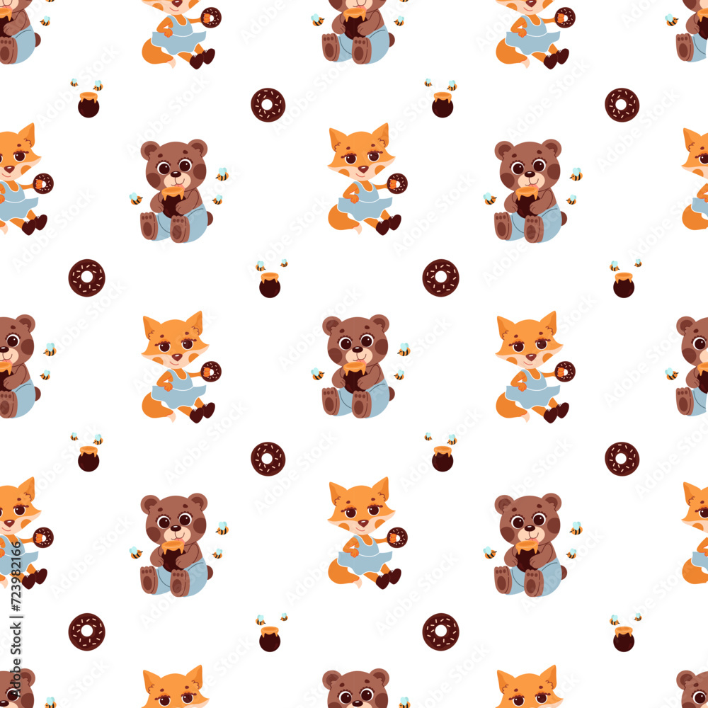 seamless pattern of forest animals fox and bear on a white background
