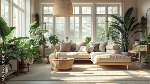 Scandinavian living room with a focus on eco-friendly design, light wood furniture, green plants, and large, sunlit windows