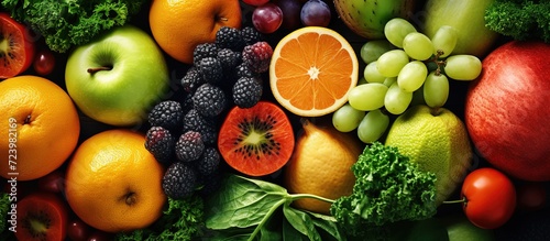 Fresh organic fruit an vegetables in rainbow colors  healthy food concept seen from top view. Generative AI