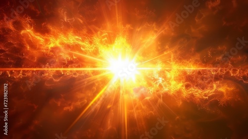 Bright orange and white light explosion with glowing particles photo