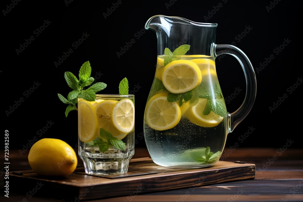 Fototapeta premium Minty lemonade with fresh cucumber and juicy lemon - refreshing summer drink on neutral background
