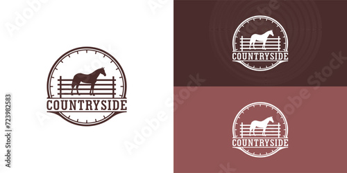 Horse silhouette behind wooden fence paddock for vintage retro rustic countryside western country farm ranch logo design presented with multiple background colors. The logo is suitable for farm logo