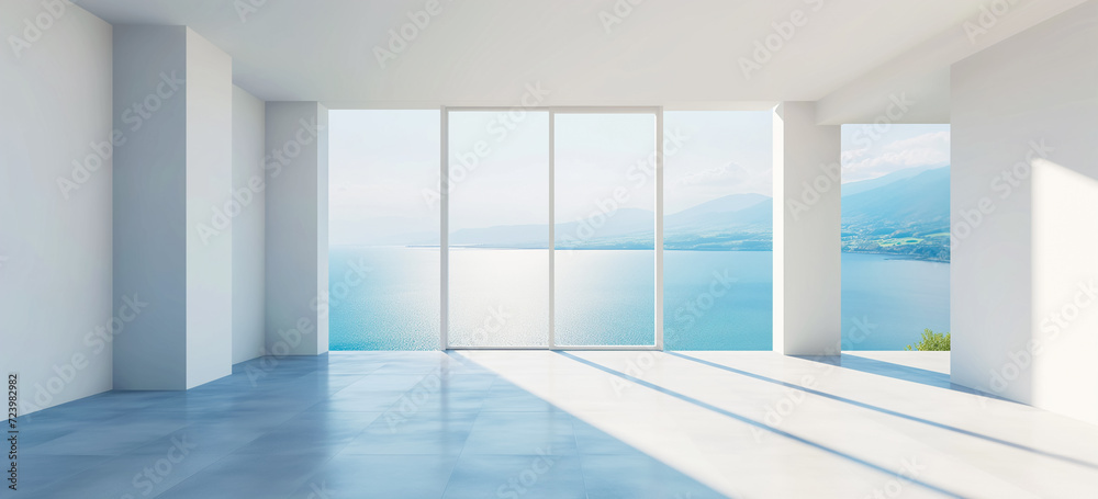 Sea view empty living room modern style, Big white wall background in vacation room Sea view empty living room modern style, Big white wall background in vacation room