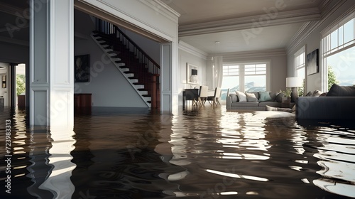 Home Floor Flooded, Showcasing Water Damage And Potential Issues photo