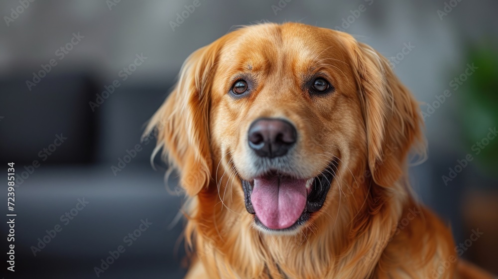 Obraz premium Golden Retriever with a Panting Smile, A Happy Golden Retriever Poses for the Camera, The Joyful Face of a Golden Retriever, A Cute and Friendly Golden Retriever.