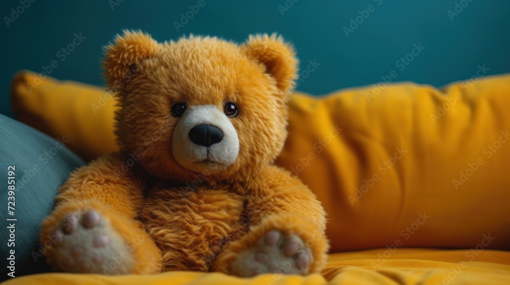 A Teddy Bear on a Yellow Pillow, A Cute Brown Stuffed Animal, A Teddy Bear Sitting on a Couch, A Cozy Teddy Bear on a Pillow.