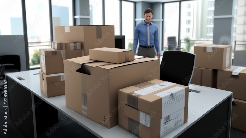 Delivery serviceman while working in a postal service warehouse. Cardboard boxes with parcels from online stores at the post office. Delivery serviceman while working in a postal service warehouse. Cardboard boxes with parcels from online stores at the post office.