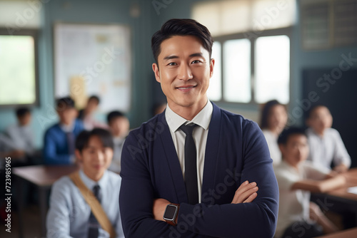  Smiling asian men teacher in a classroom. Asian teacher in a room. Men teacher. Back to School. School holidays At work. AI.