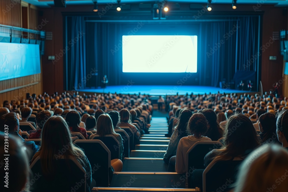 Back view of audience in the conference hall or seminar meeting with large media screen showing video presentation