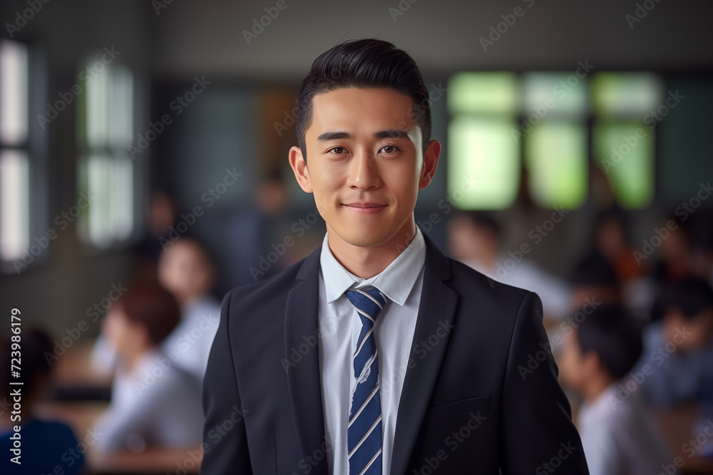 Smiling asian men teacher in a classroom. Asian teacher in a room. Men teacher. Back to School. School holidays At work. AI. Smiling asian men teacher in a classroom. Asian teacher in a room. Men teacher. Back to School. School holidays At work. AI.