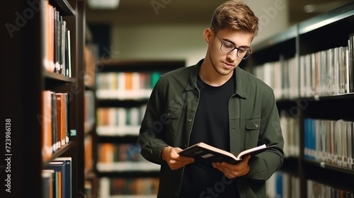 Caucasian male student in glasses reads book standing near shelves in university library.