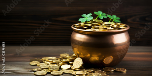 A pot of coins with leaves and a plant in it, Illustration of Banner Pot of Gold for St Patricks Day,