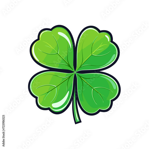 vector illustration Four leaf green clover. Lucky quatrefoil. Good luck symbol. Cartoon sticker with contour. Decoration for greeting cards, patches, prints for clothes, emblems for St Patricks Day