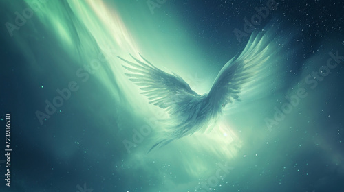 A winged being its body a shimmering aurora borealis floating a the stars with a sense of wonder and curiosity.