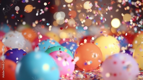 Colorful balloons with confetti, happy birthday, valentine's day, mother's day and holiday design background. Generative AI