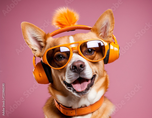 Groovy Pup: Cheerful Dog with Sunglasses and Headphones in Vibrant Fashion Portrait © Thanawadee