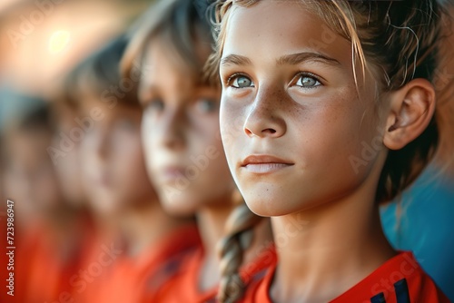 A focused young soccer player listens intently during team practice © Pixel