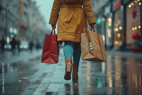 Close-up of a woman walking down the street carrying shopping bags, Belarus