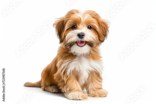 Beautiful happy reddish havanese puppy dog is sitting frontal