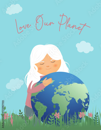 greeting card for Earth Day, World Environment Day, girl holding planet in her hands