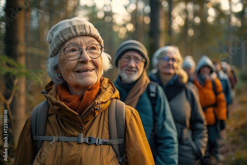 Group of elderly friends enjoying a walk in the forest