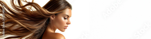 Portrait beautiful brunette woman with beautiful long wavy hair Copy space