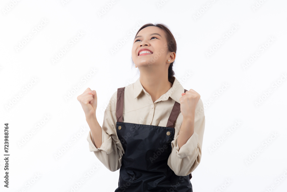 Portrait young asian barista woman wearing apron standing and smile isolated white background, waitress or entrepreneur cheerful, small business or startup, waiter of cafe or coffee shop. Portrait young asian barista woman wearing apron standing and smile isolated white background, waitress or entrepreneur cheerful, small business or startup, waiter of cafe or coffee shop.